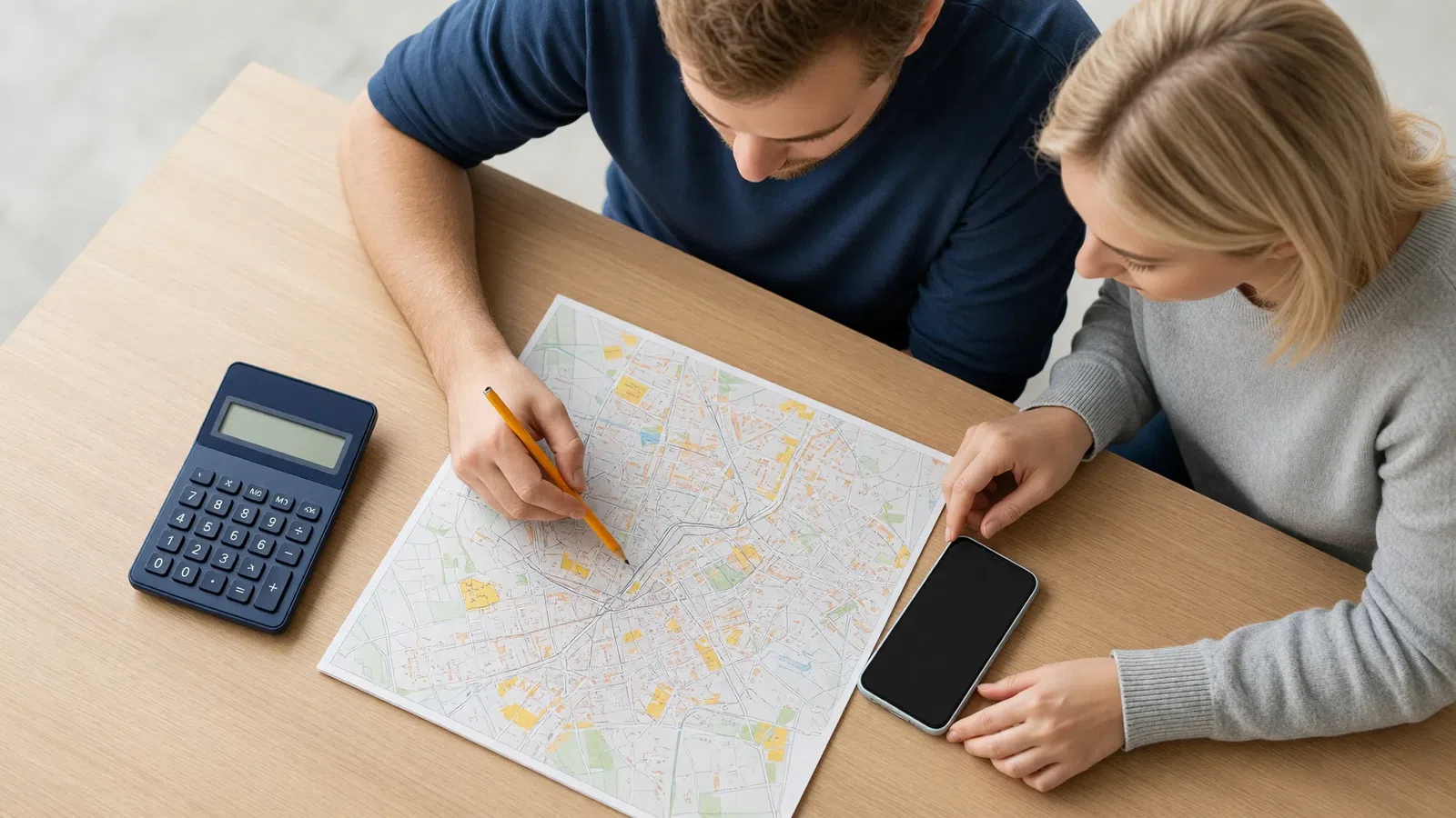 Calcolatrice, mappa del percorso e smartphone con tassametro: calcolo del costo di una corsa in taxi